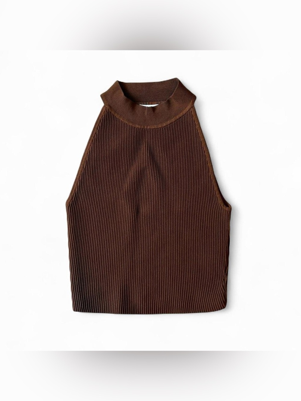 Babaton Aritzia Sculpt Brown Women's Ribbed Mock Neck Sleeveless Cropped Top S